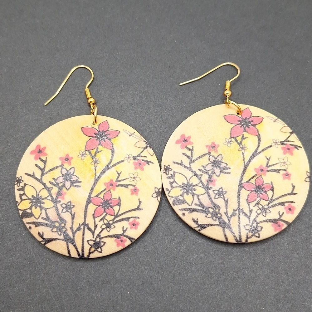 floral round wood earrings